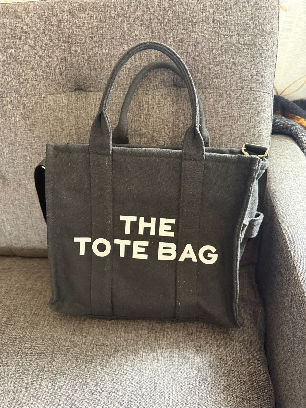 THE TOTE BAG Black Canvas Tote with Bold White Logo